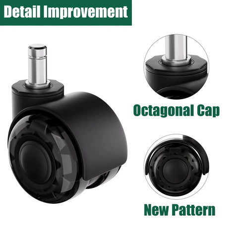 2 Inch Dual Wheel Office Chair Caster Wheels Replacement PU For Carpet And Hardwood Floors Universal Stem Heavy Duty Quiet Smooth Roll Fits Most Chairs Up To 880lb Per Chair 5CasterSet showing close-up details of octagonal cap and new pattern design