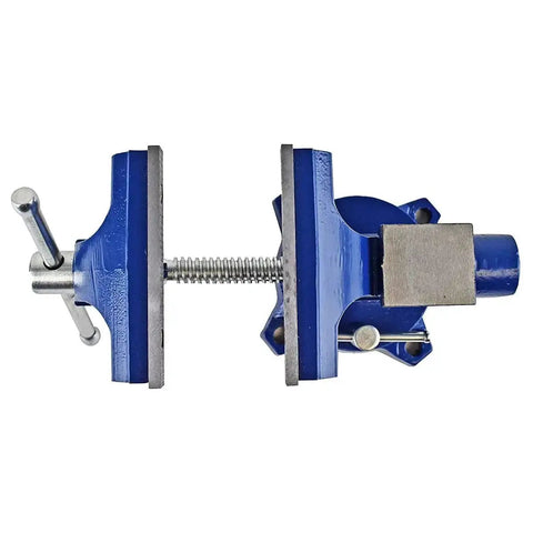 Top view of Home Workshop Vise With Four And A Half Inch Jaw Width And Three Inch Opening Swivel Base For Secure Grip Heavy Duty 30,000 PSI Gray Iron Construction Ideal For DIY Projects In The Shop Blue Finish.