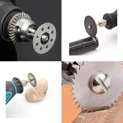 60 Pieces Rotary Cutting Wheels Tool Kit With Resin Cut Off Discs And Diamond Grit Blades displayed on electric grinders and drills