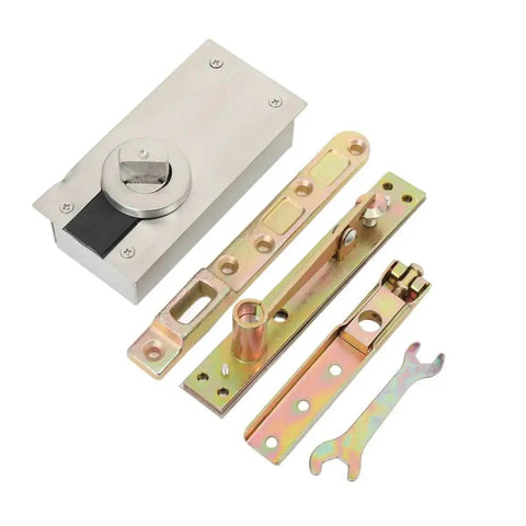 Hidden Pivot Hinges For Heavy Duty Wood Doors Bookcases And Secret Doors With 360 Degree Rotation And Beefed-Up Strength Load Up To 661 Lbs, stainless steel and cast iron components displayed.