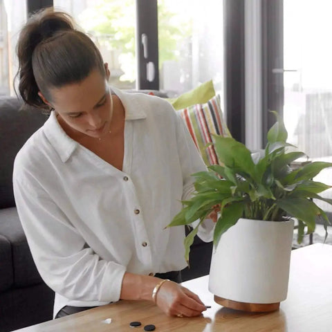 Woman applying GorillaPads Non Slip Furniture Pads 1-inch round rubber protectors to a wooden plant stand.