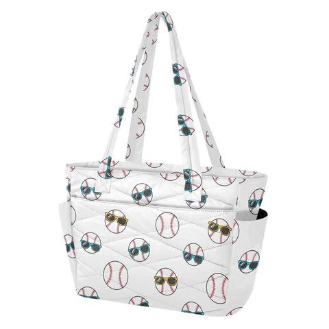 Front view of a white quilted tote bag with baseball pattern, designed as a Roomy Quilted Tote Bag For Women With Zipper Large Travel Work Bag 18L Capacity That Fits A 15 Inch Laptop Perfect Everyday Grab And Go Carry All For Work School Travel And Commuting, featuring multiple pockets and shoulder straps.