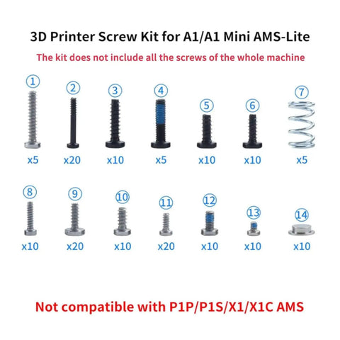 BambuLab A1 A1 Mini AMS Lite 3D Printer Screws Kit with various screw sizes and springs shown, not compatible with P1P P1S P2 series