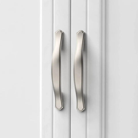 Front view of 10 Pack 3 Inch Brushed Satin Nickel Cabinet Handles Set for kitchen cupboards and drawers installed on white doors