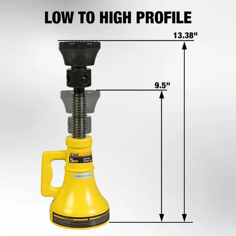 Heavy Duty Five Ton Car Support Screw Jack For Home Garage Construction And Bridge Stabilization Pro Grade Lift With Adjustable Range From Nine And A Half To Thirteen And Three Eighths Inches Rugged Anti Skid Base And Saddle Ten Thousand Pounds Capacity front view with size measurements