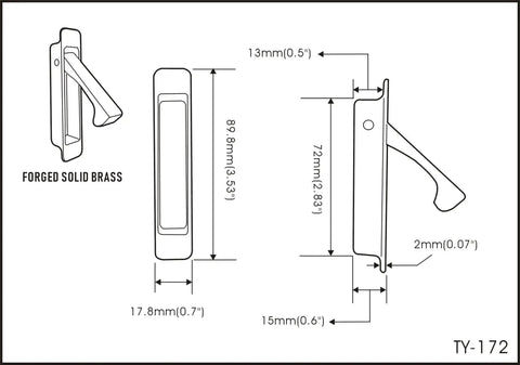 Diagram showing dimensions of Forged Solid Brass Edge Pull For Sliding Pocket Doors, Antique Brass Finish, includes size details.