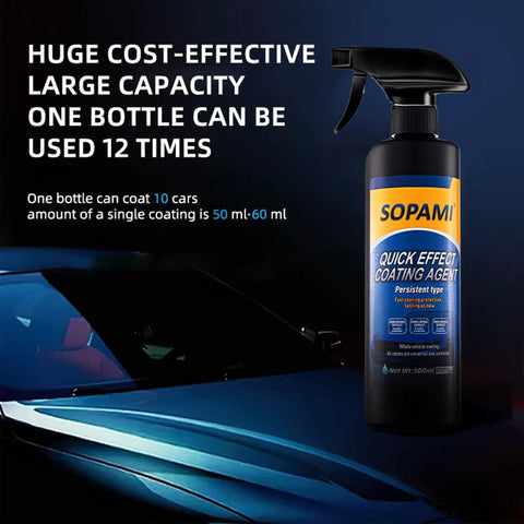 Quick Acting Car Coating Spray With Persistent Liquid Glass Finish Dope Shine Multifunction Coat Renewal Agent For Durable Protection And Bead Worthy Hydrophobic Shield 2 Pack on a dark background with car surface.