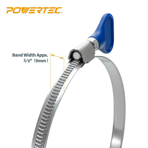 PowerTEC 1-1/2 in stainless hose clamp with blue thumb screw, 3/8 in band width, adjustable worm-gear, 5-pack.