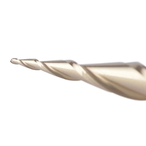 Close-up of the tapered ball nose end mill's cutting tip, showing the 2-flute design and precise 1/64-inch radius.
