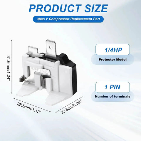 Three Pack Refrigerator Overload Protectors One Quarter Horsepower Thermal Overload Switches dimensions diagram