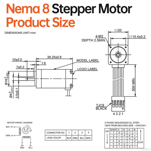 Dimensions and wiring diagram of High Torque Nema 8 Stepper Motor 2 Phase 1.8 Degree Bipolar for 3D Printer DIY CNC Robots