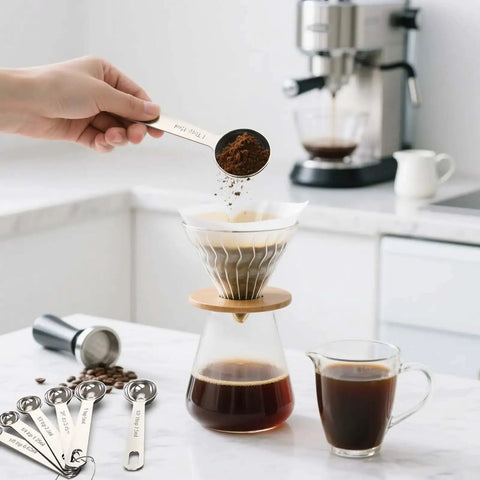 Hand using Six Piece Stainless Steel Measuring Spoons Set For Cooking And Baking Includes One Eighth Teaspoon One Quarter Teaspoon One Half Teaspoon One Teaspoon One Half Tablespoon One Tablespoon Coffee Scoop Rust Resistant Food Grade Kitchen Gadgets to measure coffee over a pour-over coffee maker