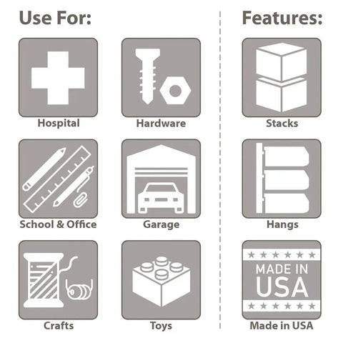 Illustration showing uses for heavy duty plastic storage bins in hospital, hardware, school, garage, crafts, toys and features like stacking, hanging, Made in USA.