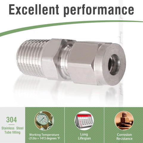 Two 304 stainless steel compression fittings for 1/4 in OD tubing to 1/4 in NPT male thread