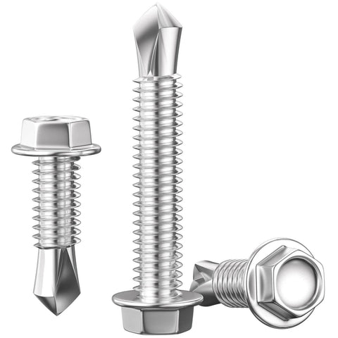 Wensilon #8 3/4 in hex washer head self-drilling screws, 410 stainless steel; three screws shown