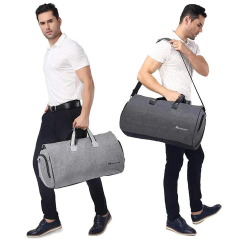 Man carrying 2 In 1 Convertible Garment Bag And Duffel For Travel With Shoulder Strap Modoker Carry On Hanging Suitcase Bag Black.