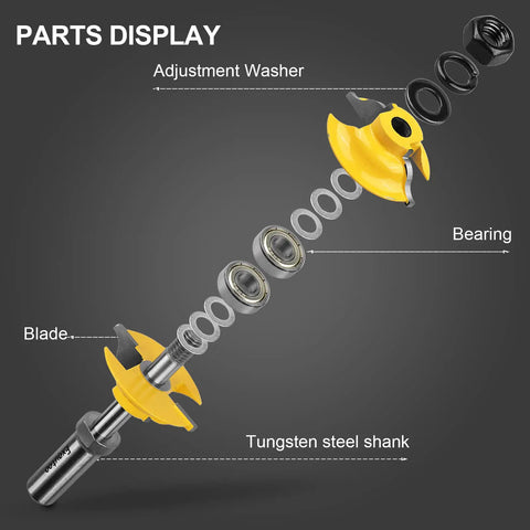 Exploded view of Three Piece One Half Inch Shank Router Extension Tenon Drill Bit Set parts showing tungsten steel shank and bearings.