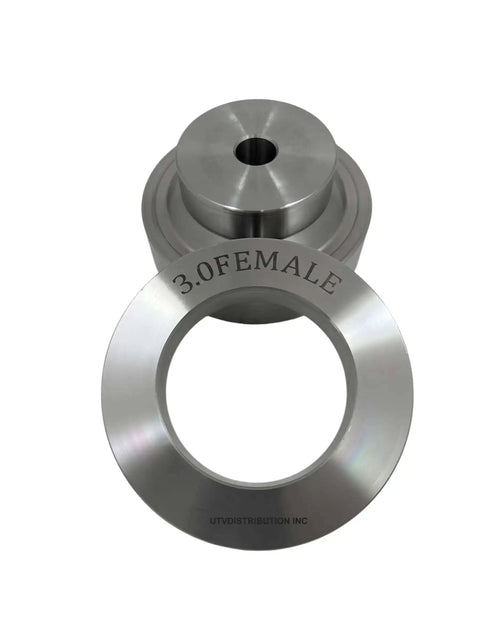 Heavy Duty 11 Piece Commercial Grade Dimple Die Set for Sheet Metal Forming, showing 3.0 female die, CNC machined from SAE 8620 steel.