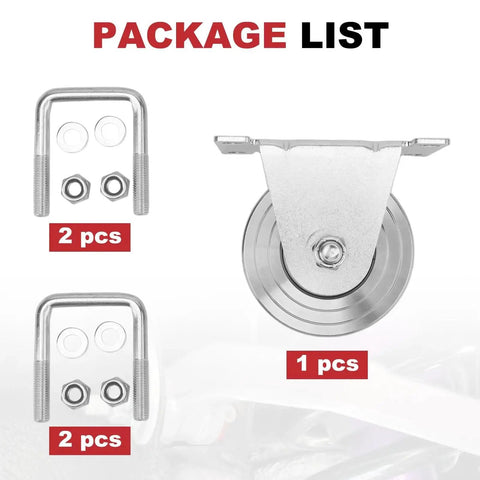 Package contents of Heavy Duty 4 Inch V Groove Gate Wheel Kit With Dual Sealed Bearings, includes wheel and mounting kit