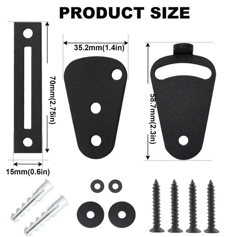 Large Size Privacy Barn Door Latch Lock For Sliding Doors Pocket Doors Garage And Shed Black Two Pack Made From Solid Steel With Powder Coat Finish For Durability And Corrosion Resistance Easy To Install For Wood Glass Gates product dimensions and components including screws.