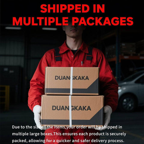 Person in red uniform holding two stacked cardboard boxes labeled DUANGKAKA in a warehouse, with 'Shipped in Multiple Packages' text above.