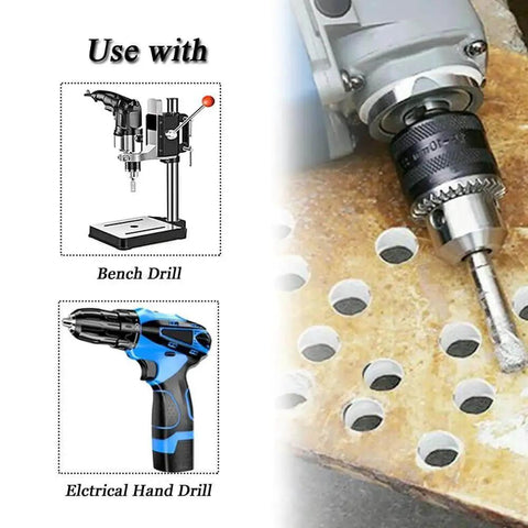 Diamond Hole Saw Drill Bit Set For Tile Ceramic Glass Marble And Stone in use with hand and bench drills, drilling precise holes.
