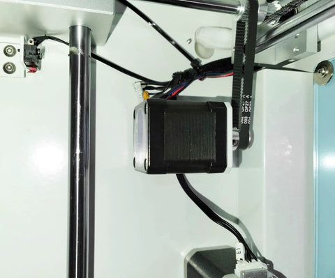 NEMA 17 bipolar stepper motor with black housing, 4 leads, 1 m cable, belt-pulley drive in CNC/3D printer setup