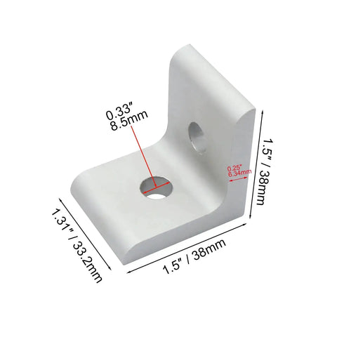 Single aluminum bracket from 10 Pack Inside Corner Brackets For 15 Series 4040 T Slot Aluminum Extrusions 2 Hole 90 Degree Corner Mounts Diy Friendly Heavy Duty Aluminum Brackets For Built To Last Frame Building showing dimensions.