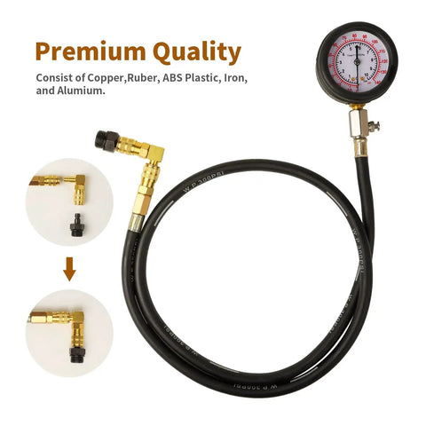 Oil Pressure Tester Kit With Dual Gauge 0 To 140 PSI 10 Adapters showing gauge, hose, brass fittings and materials details