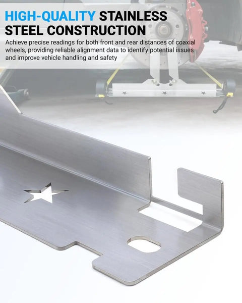 Pro Grade DIY Friendly Wheel Alignment Tool Set With Premium Stainless Steel Toe Plates and Connection Sheet in garage