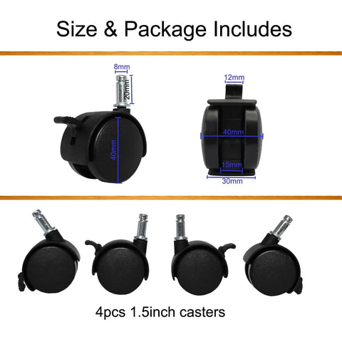 4 Pack 1.5 Inch Swivel Caster Wheels With Circlip Stem M8x20mm And Lockable Brakes, side and front view dimensions shown
