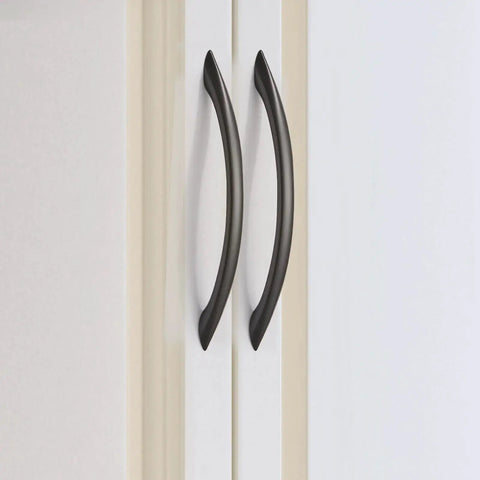 30 Pack Matte Black Cabinet Handles 5 Inch 128mm Screw Spacing Arch Drawer Pulls Modern Aluminum Alloy Hardware installed on cupboard door
