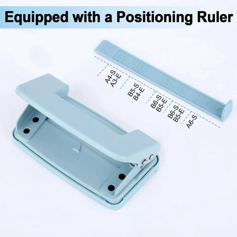Adjustable 2 Hole Paper Punch for A4 A5 B5 paper sizes with positioning ruler, bright blue finish, metal hole puncher for home office