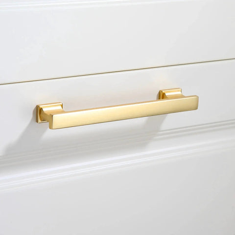 Close-up of 10 Pack Brushed Gold Cabinet Handles 6 Inch Length With 5 Inch Center To Center Hole Solid Metal Kitchen Cabinet Pulls installed on drawer