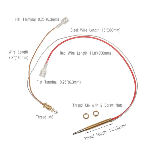 Timsec outdoor patio heater thermocouple sensor with M8 end, M6 head thread, 2 nuts, 16.2 in wire, 0.25 in terminal