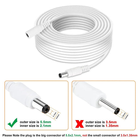 33Ft DC Power Extension Cable 2.1mm X 5.5mm Plug for 12V Adapters CCTV Cameras IP Cameras and DVRs, white cable with connectors