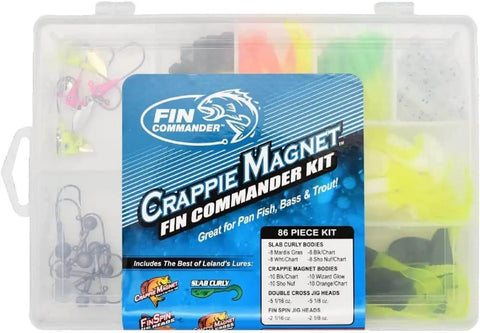 Fin Commander Slab Curly 86 Piece Kit For Pan Fish, Bass And Trout in plastic case with visible lures and jig heads