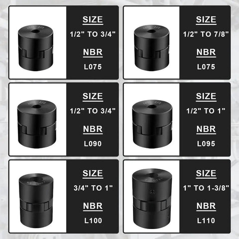 Grid display of L-Jaw Coupling Sets with size range and NBR rubber specifications, including L090 3-Piece L-Jaw Coupling Set With Buna N NBR Rubber Spider For Log Wood Splitter, Heavy-Duty 1/2 To 3/4 Inch Bore, 1/8 Inch And 3/16 Inch Keyways, Set Screw, Interchangeable With Lovejoy Martin Browning TB Woods.