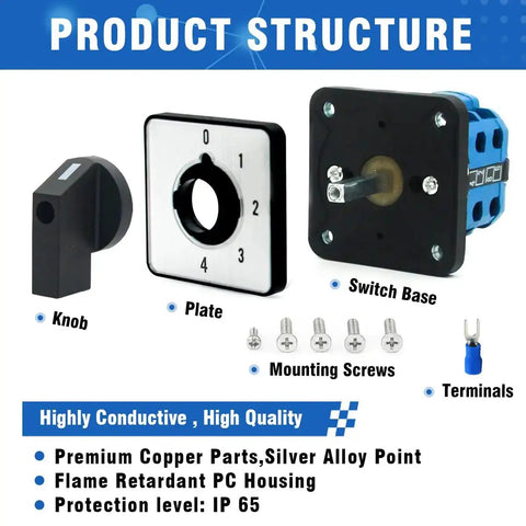 Rotary Changeover Switch Five Position Two Pole Eight Terminal Industrial Selector with visible knob, plate, base, and terminals.
