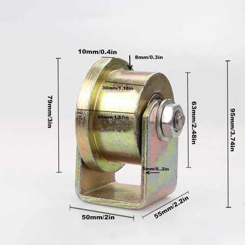 Rigid track wheels with zinc plated 45# steel rollers for T-groove tracks, showing dimensions and galvanized finish.