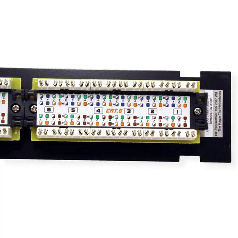 Close-up of 12 Port Cat6 Unshielded Patch Panel Wall Mount With Included 89D Bracket For Vertical Or Horizontal Install, Compatible with Cat5e and Cat6 RJ45 Cabling, 110 IDC Terminal Blocks, Black.