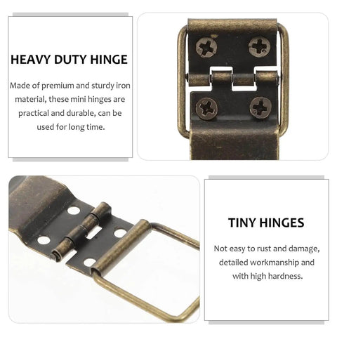 Close-up of Mini Jewelry Box Hinges With Screws 30 Pcs Metal Hardware For Small Wooden Boxes and Craft Projects with text descriptions.