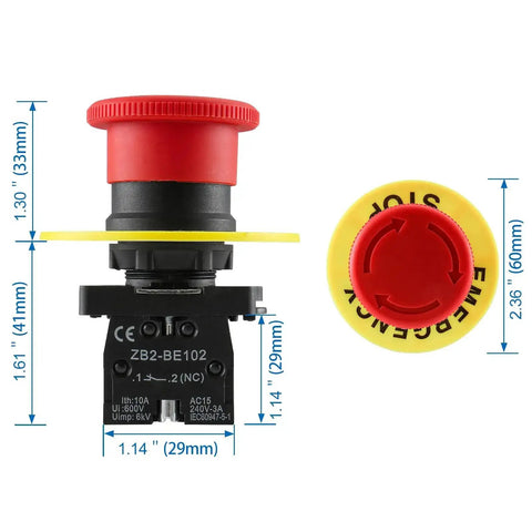 Beefy 22mm Push Button Switch With Two NC Contacts Red Mushroom Emergency Stop LED Indicator 600V 10A Latching Type