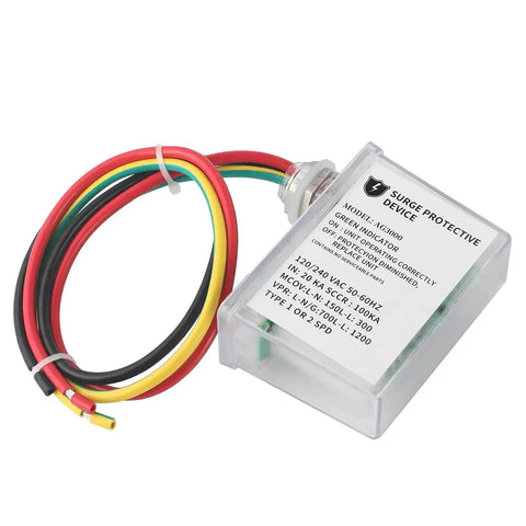 Beefed Up 120 240 VAC HVAC Surge Protector With TPMOV Tech In Watertight Enclosure shown with wires