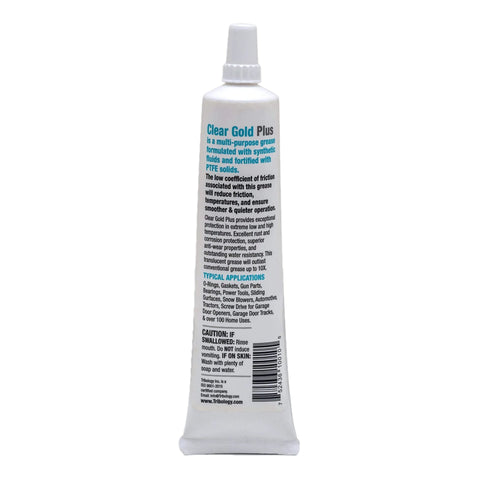 Clear Gold Plus Do It All PTFE Grease 3.5 Oz NSF H1 Food Grade Multi Purpose Lubricant tube with label details visible