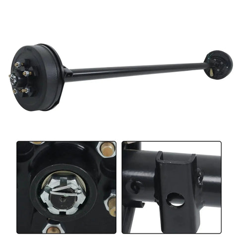 Black 3500-lb electric brake trailer axle with 5x4.5 bolt pattern; drum hub on one end, mounting flange on the other.