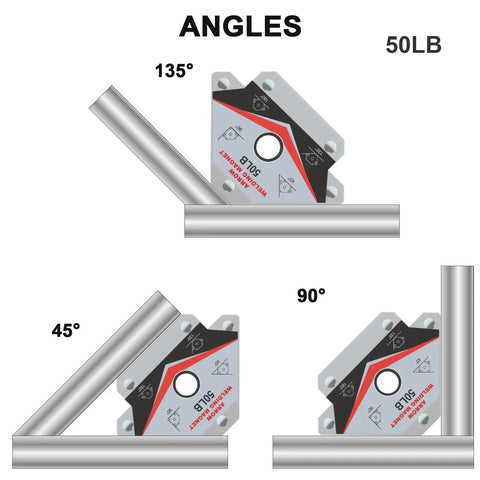 Beefy 50Lb Welding Magnets Set Of 4 For Angled Positioning And Hands Free Hold By GUTIMORE shown holding pipes at 45°, 90°, and 135° angles.