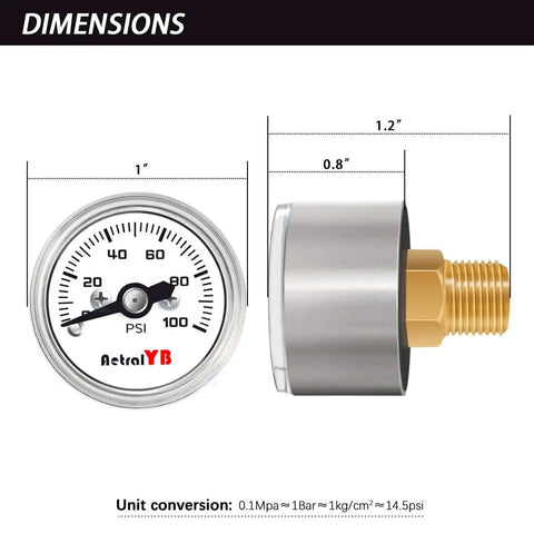 Compact One Inch Pressure Gauge Zero To One Hundred Psi For Coffee Machines Water Pumps And Air Compressors Stainless Steel Case One Eighth NPT Back Mount Handy Mini Gauge For Tight Spaces And Precise Readings front and side view