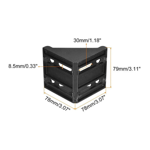 Front view of Beefy Inside Corner Bracket Gusset for 8080 Aluminum Extrusion, 78mm by 78mm by 79mm, black die-cast with measurements.