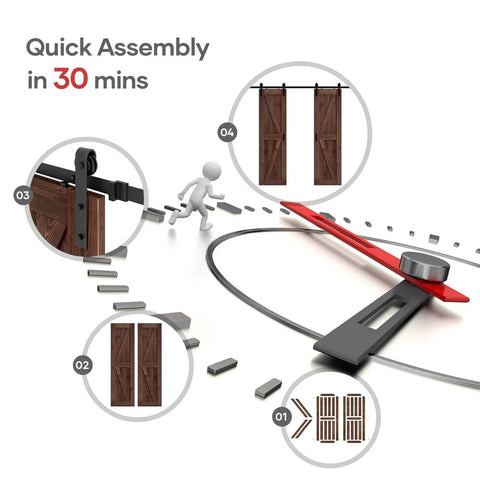Quick assembly of 48x84 Inch Double 24x84 Inch Sliding Barn Wood Door Slab With 8ft Hardware Kit And Handle In Coffee Finish